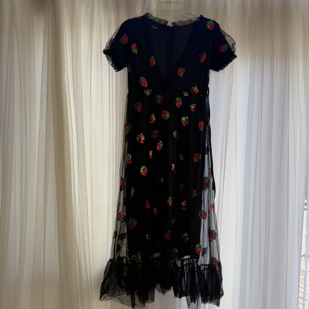 Strawberry Tulle Dress Womens S Black Sequin Mesh Coquette Fairycore